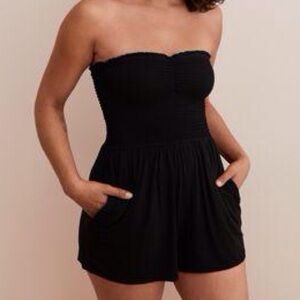 Aerie Black Strapless Jumpsuit with Smocked Top